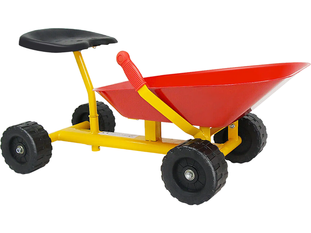 Heavy duty kids ride-on sand dumper with 360-degree rotatable seat, red metal scoop, and all-terrain wheels for outdoor.