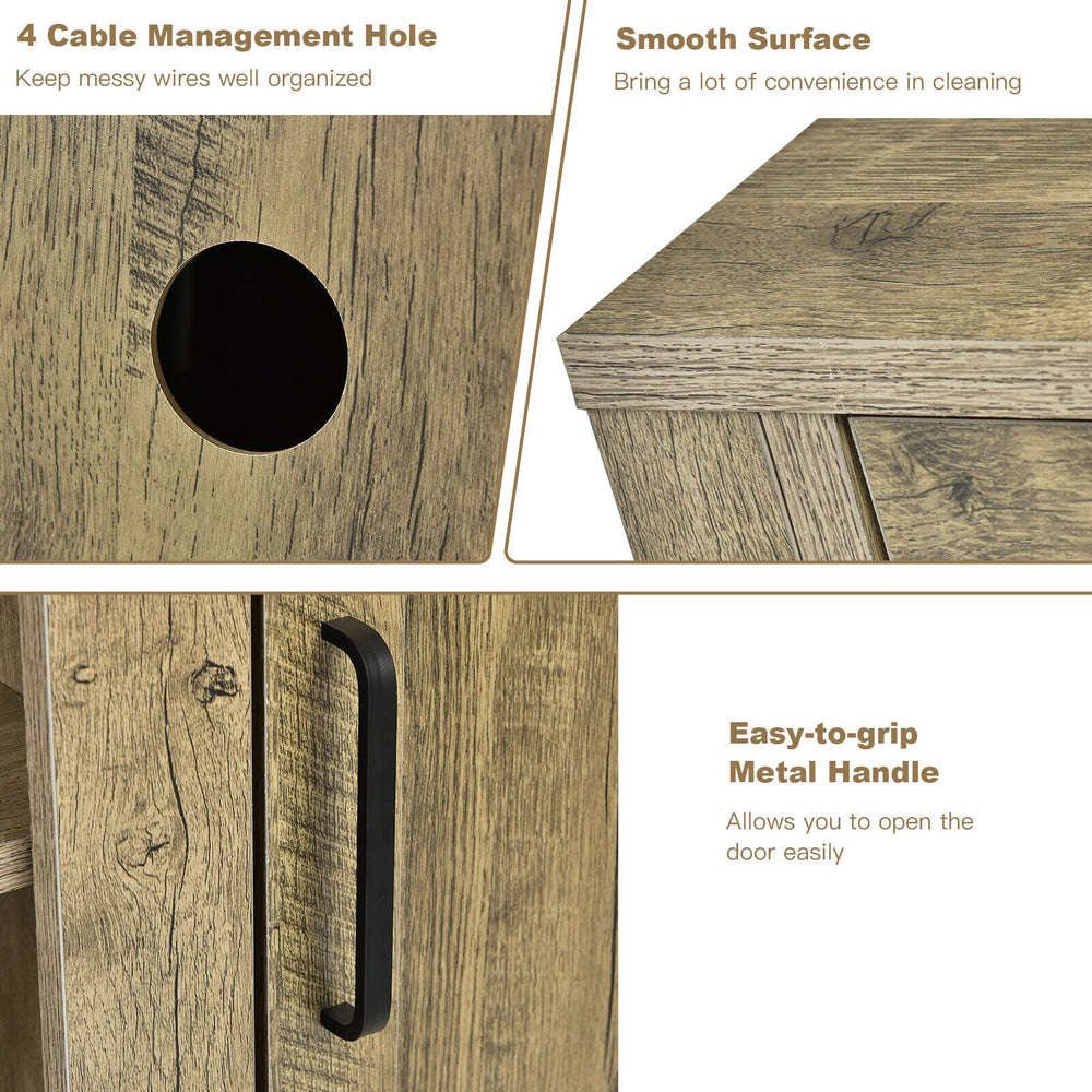 Close-up of the 58-inch TV stand's cable management hole and easy-to-grip metal handle for convenient access.
