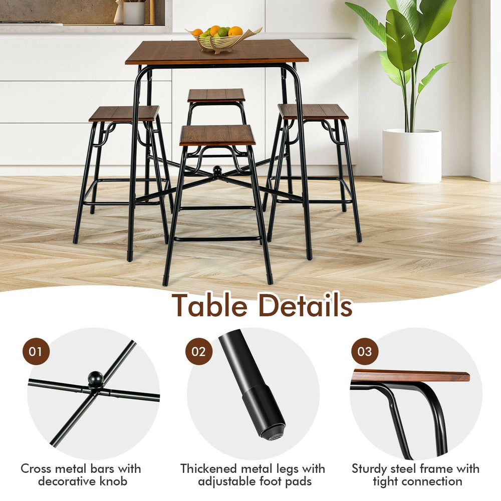 5-piece bar table set featuring a square tabletop and 4 backless stools in rustic brown, perfect for dining and storage.