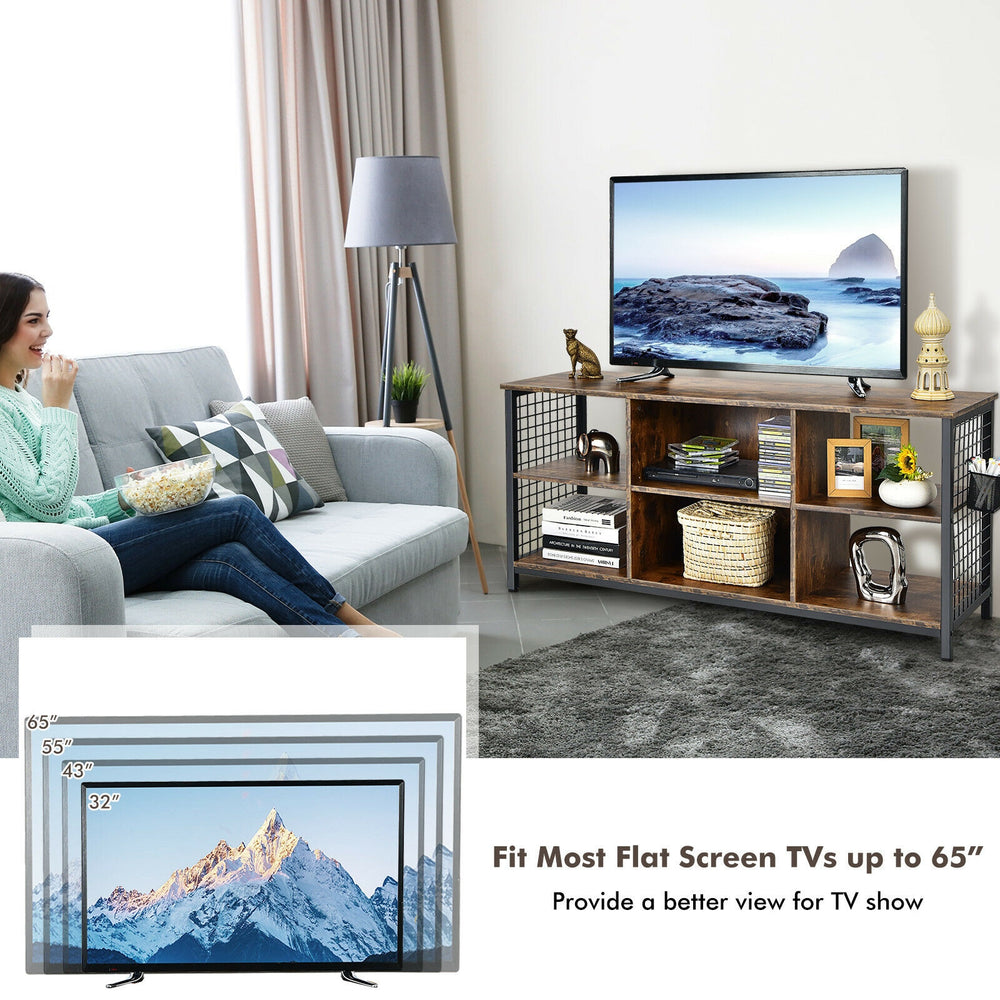 Mid-century wooden TV stand in rustic brown, holding a 65" TV with adjustable shelves and storage basket for versatile.