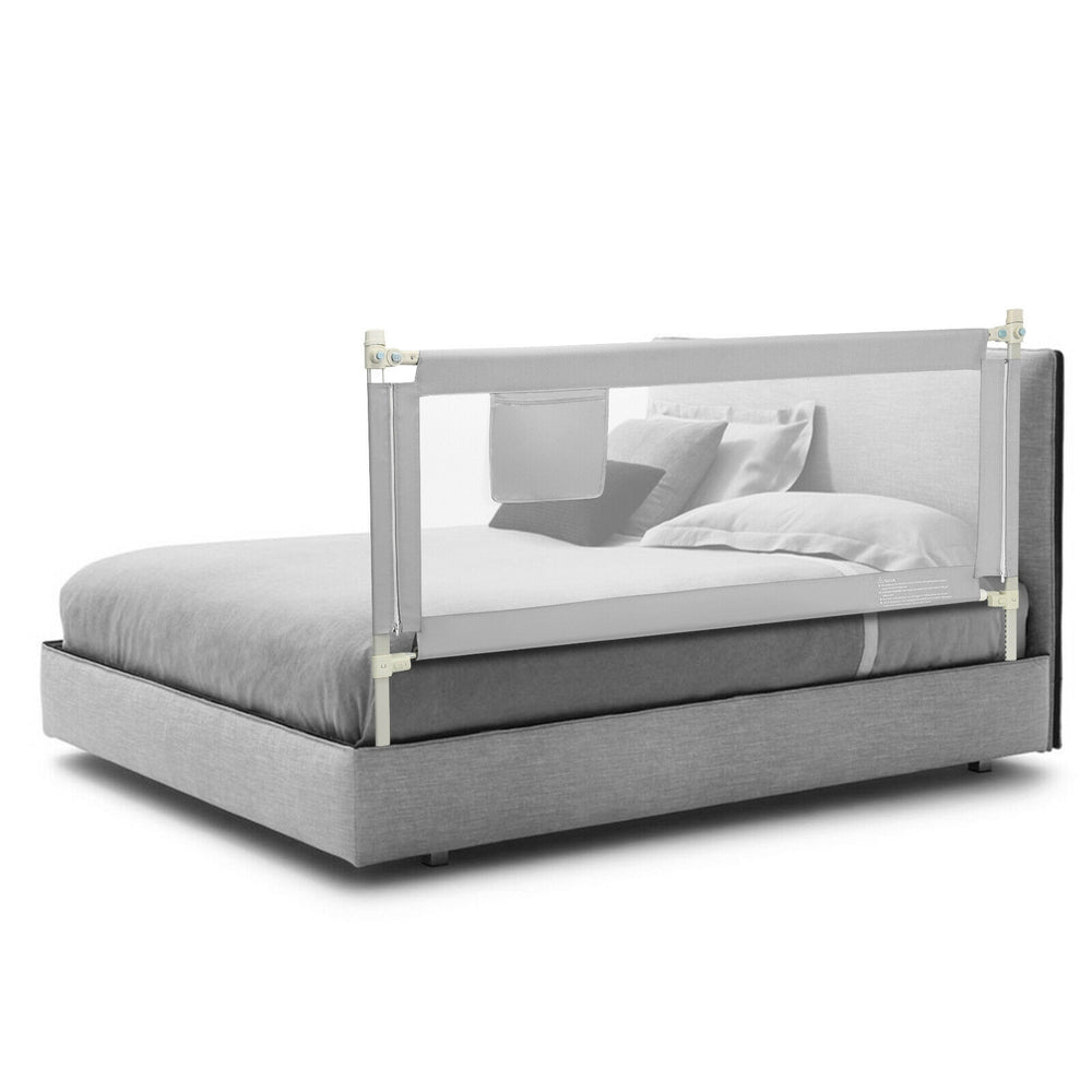 Toddler bed rail in gray with a sleek design, showcasing adjustable height and convenient vertical lifting mechanism.