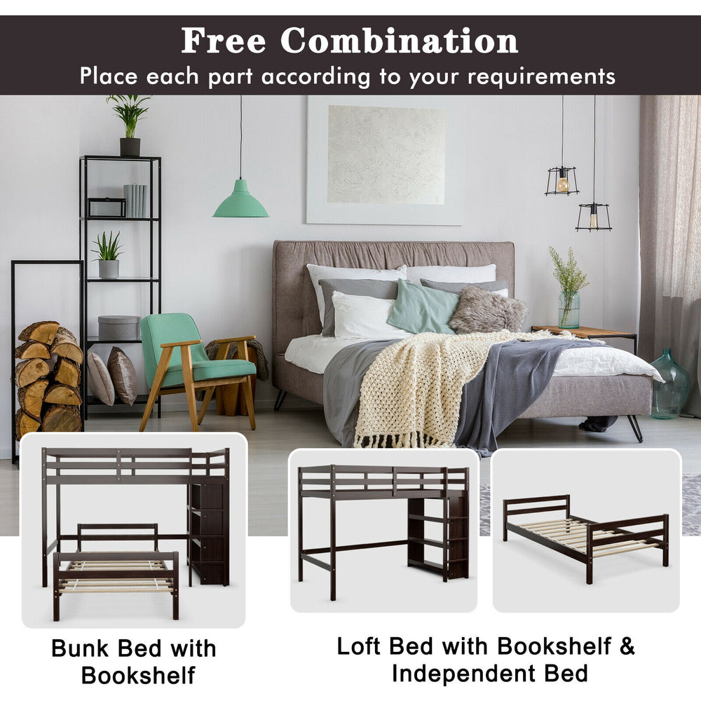 Loft bunk bed with bookcase in dark brown, featuring two twin beds and a 4-layer bookshelf for space-saving storage.