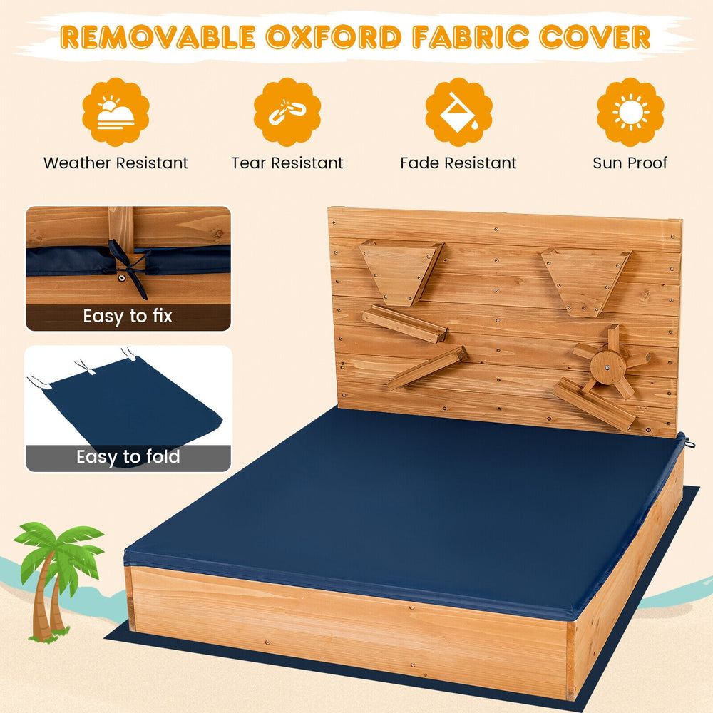 Kids wooden square sandbox with removable navy cover, made of solid cedar wood, ideal for outdoor play and storage.