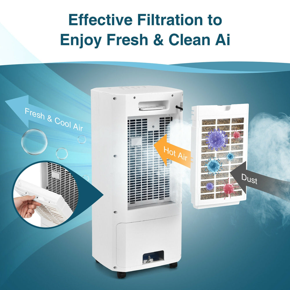 3-in-1 evaporative air cooler in white with adjustable airflow, 5L water tank, and remote control for versatile cooling.