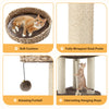 Rattan cat tree with soft cushion, sisal posts, and hanging toys for climbing and scratching, ideal for playful cats.