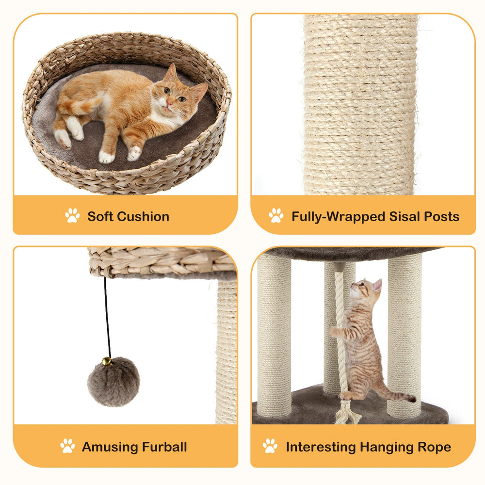 Rattan cat tree with soft cushion, sisal posts, and hanging toys for climbing and scratching, ideal for playful cats.