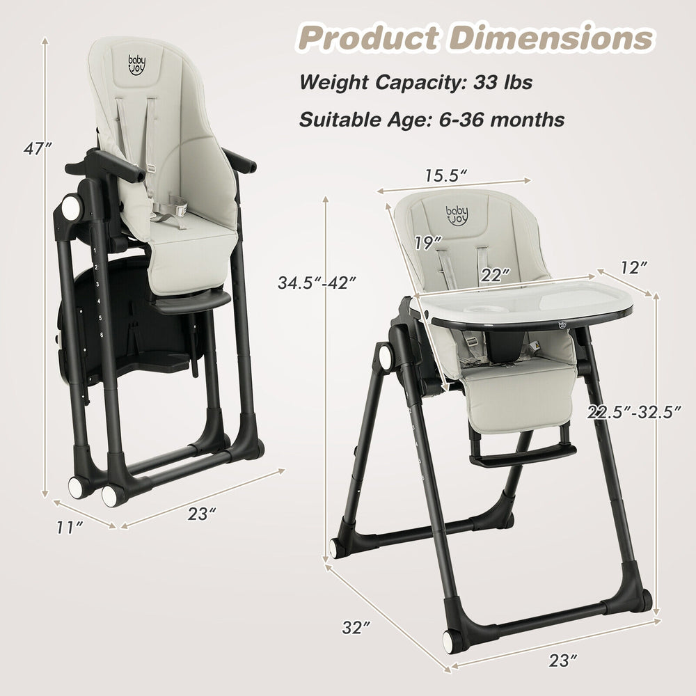 4-in-1 baby high chair in gray with adjustable height, removable trays, and rolling wheels for easy mobility and safety.