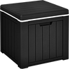 Black 10-gallon storage cooler with removable lid, versatile as a side table or stool for outdoor activities.