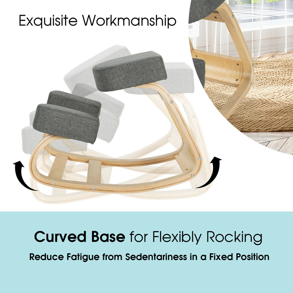 Ergonomic kneeling chair with curved base for rocking, gray elastic cushion, promotes upright posture and relieves back.