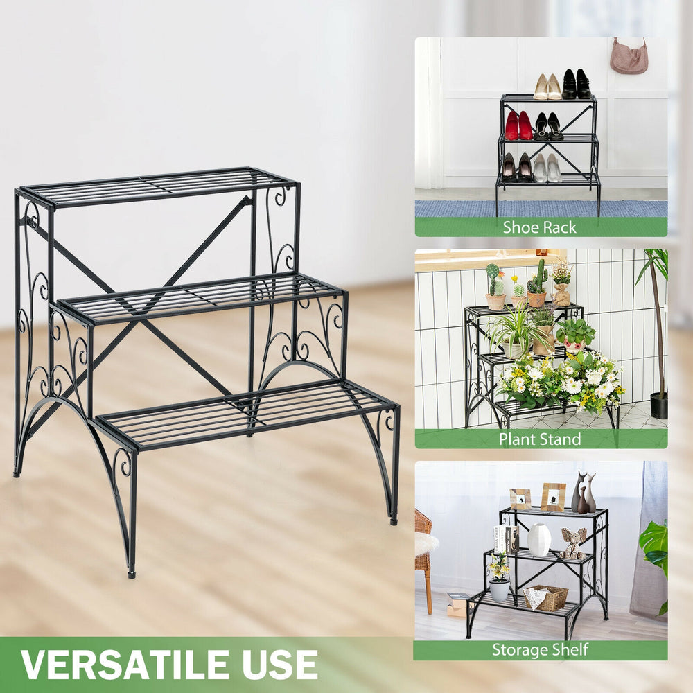 3-tier black metal plant stand with widened grid shelf, ideal for outdoor gardens and indoor storage.