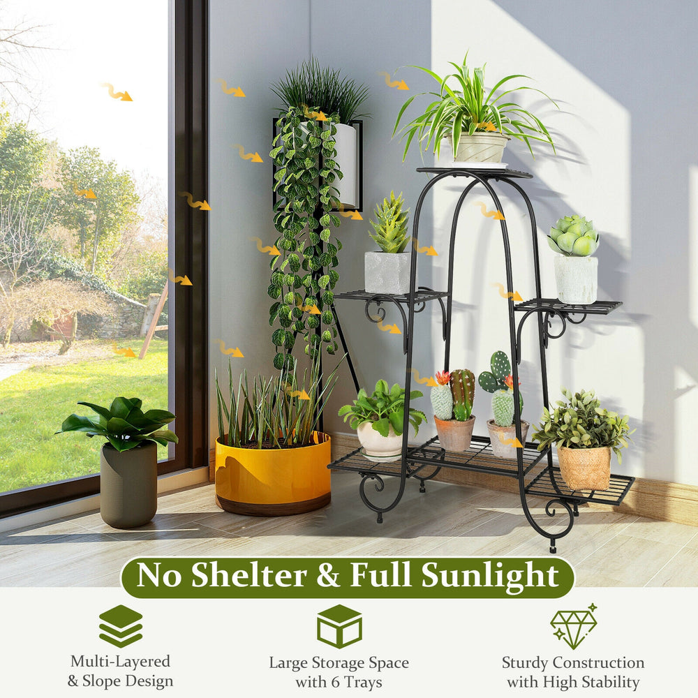 6-tier black plant stand with adjustable foot pads, designed for optimal sunlight exposure and stylish plant display.
