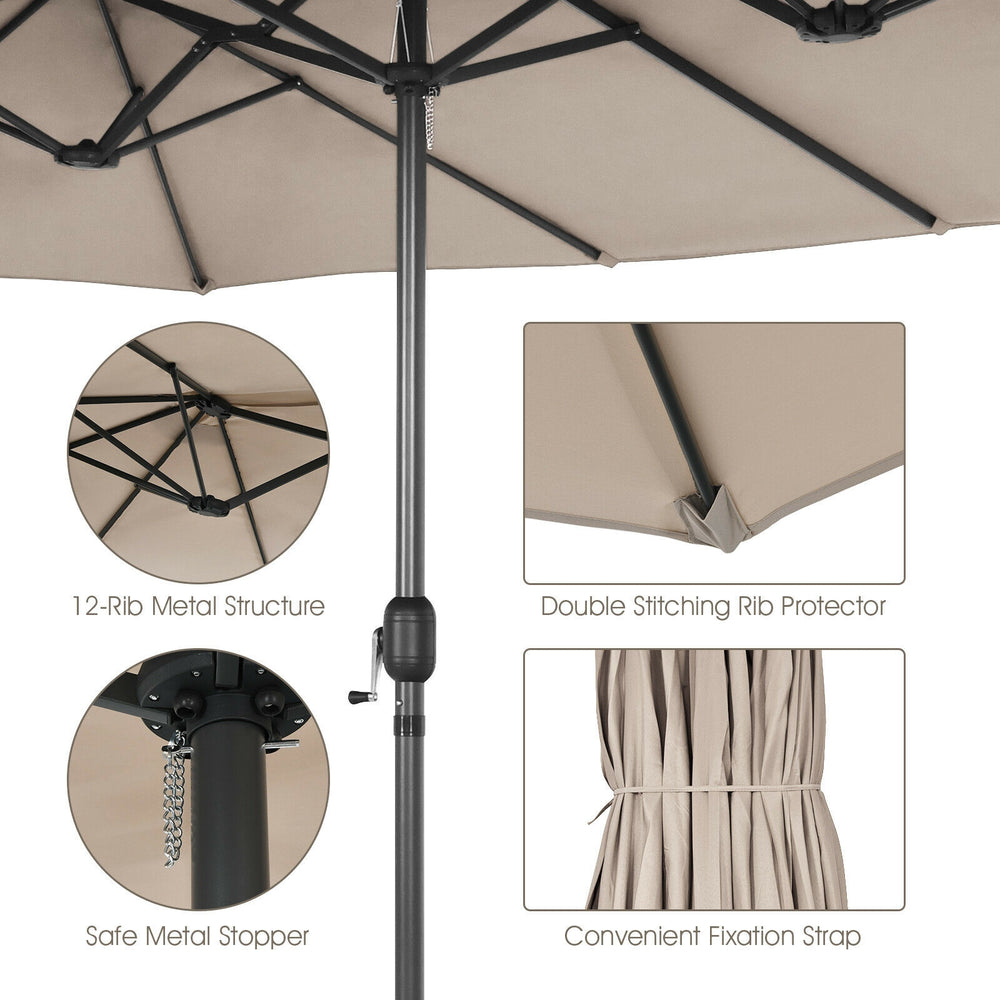 Double-sided beige patio umbrella with 12-rib metal structure and hand-crank system for easy opening and closing.