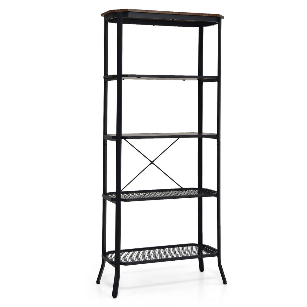 Industrial 5-layer bookshelf in rustic brown, featuring a sturdy rustproof steel frame and five open shelves for.