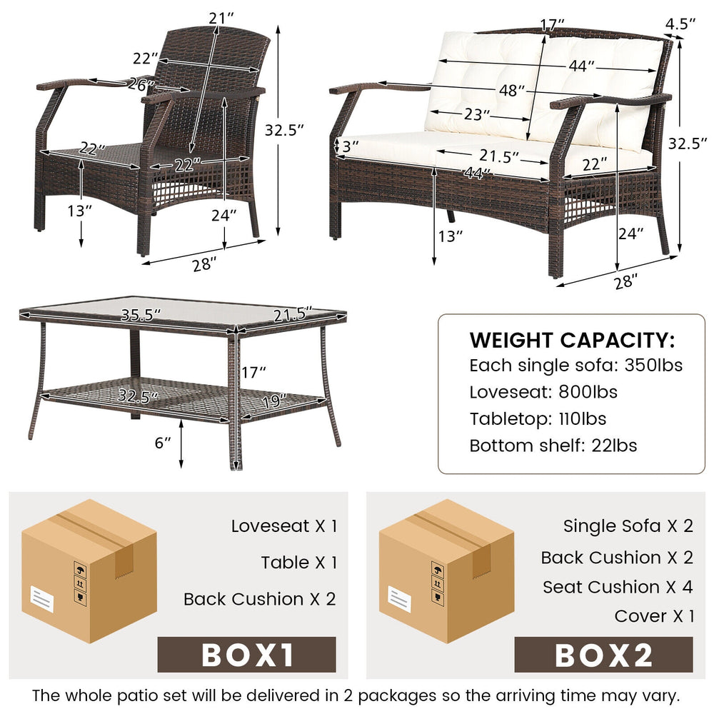 4-piece outdoor rattan conversation set with soft cushions, mixed brown PE rattan, and a spacious coffee table for.