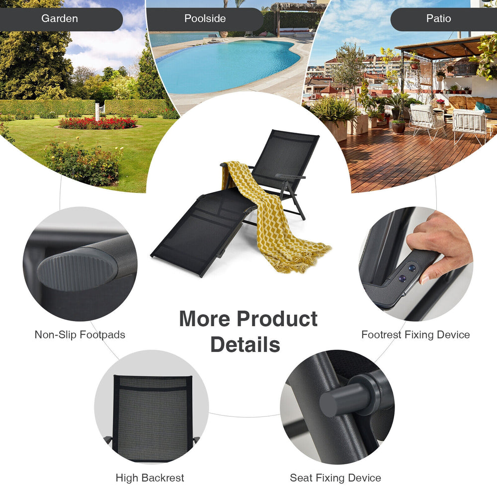 Foldable black chaise lounge chair with adjustable backrest and footrest, perfect for garden or poolside relaxation.
