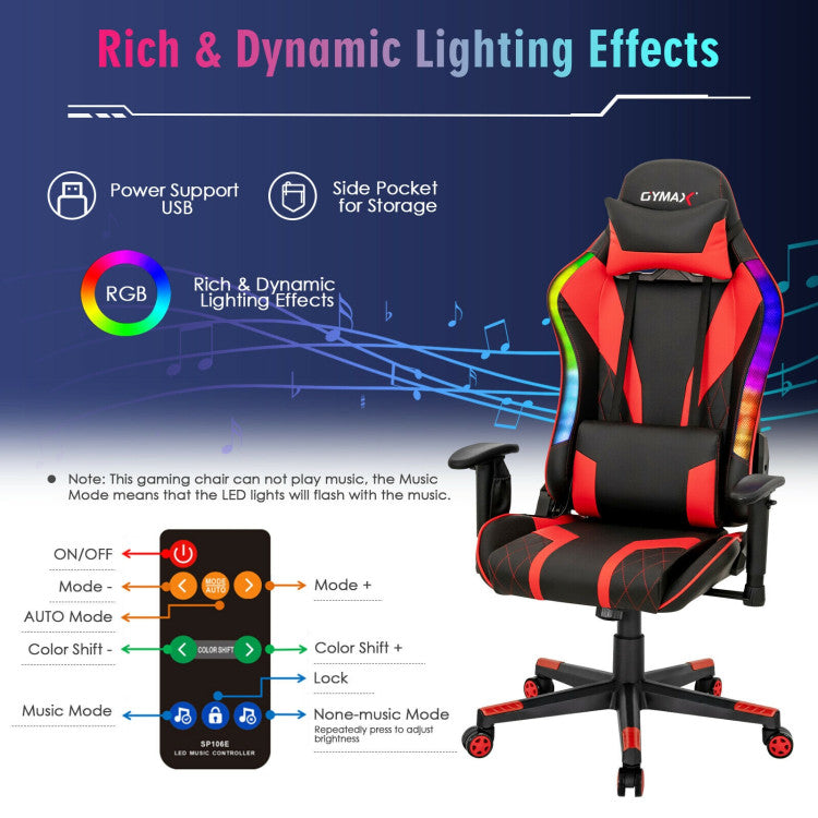 Costway Gaming Chair Adjustable Swivel with Dynamic LED Lights New