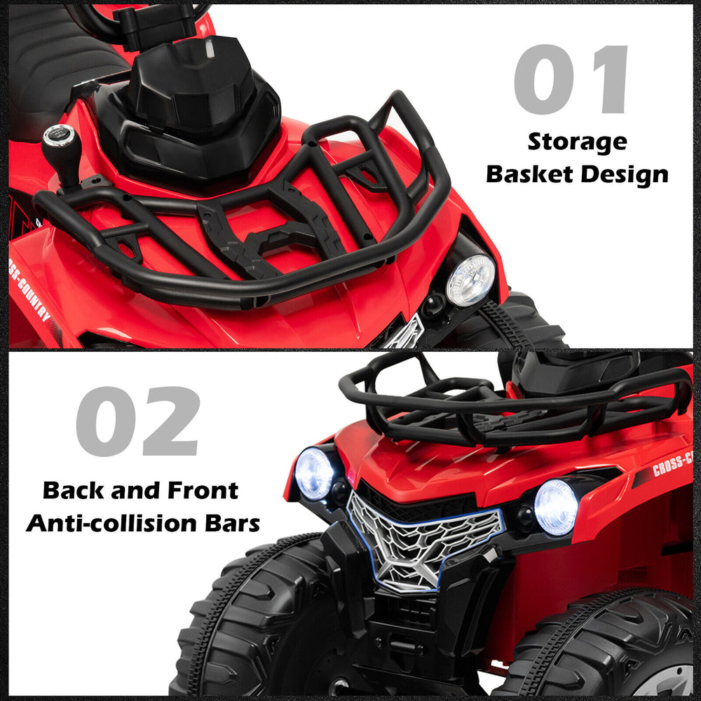 Storage basket design and anti-collision bars on the 12V kids ride-on ATV for enhanced safety and fun.