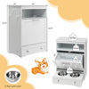 Pet feeder station in white with storage cabinet, two stainless steel bowls, and anti-toppling device for pet safety.