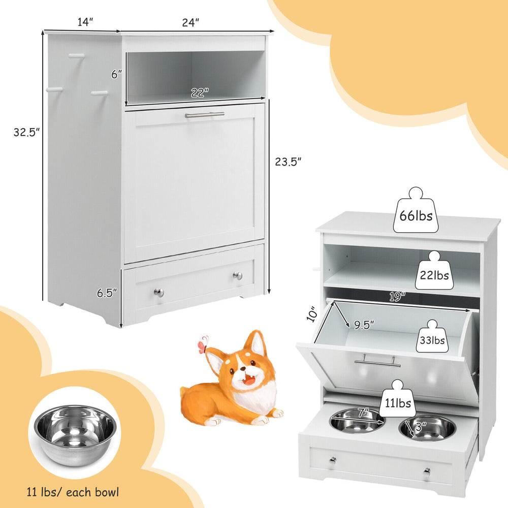 Pet feeder station in white with storage cabinet, two stainless steel bowls, and anti-toppling device for pet safety.