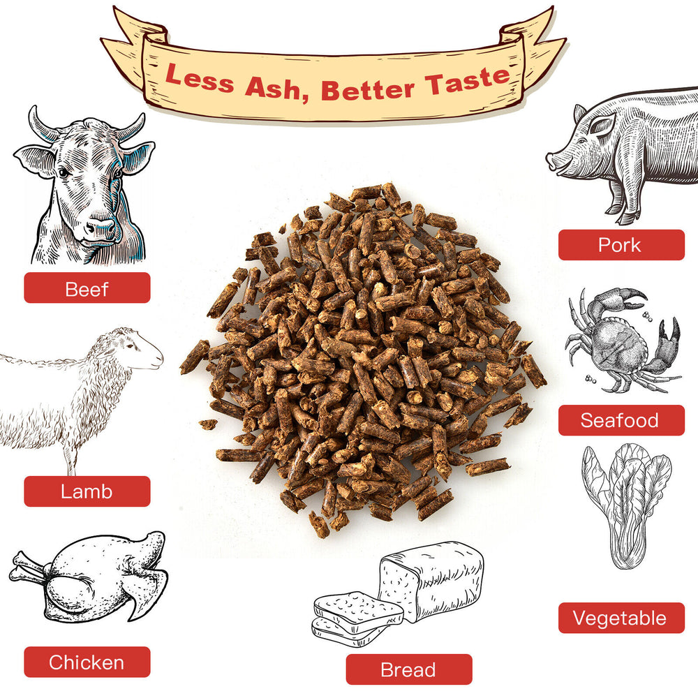 Apple wood pellets for pellet grills, 100% natural, ideal for grilling beef, pork, chicken, and vegetables.