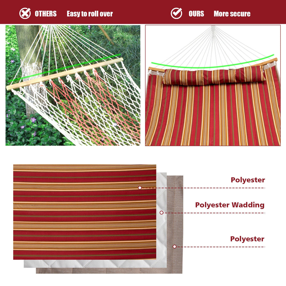 Red outdoor hammock with detachable pillow, made of breathable polyester, perfect for backyard relaxation or camping.
