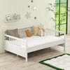 Wooden full-size daybed frame in white with guardrails, suitable for living rooms or bedrooms, featuring ample storage.