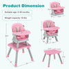 Convertible baby high chair in pink, featuring adjustable tray, removable seat cushion, and stable pyramid structure.