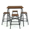 5-piece rustic brown bar table set with square tabletop and 4 backless stools, perfect for dining or casual gatherings.