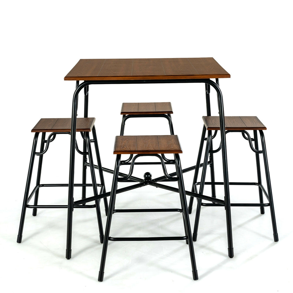 5-piece rustic brown bar table set with square tabletop and 4 backless stools, perfect for dining or casual gatherings.