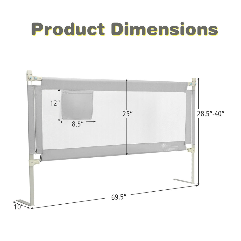 Toddler bed rail dimensions showing 69.5 inches length, adjustable height 28.5-40 inches, gray with side pocket.