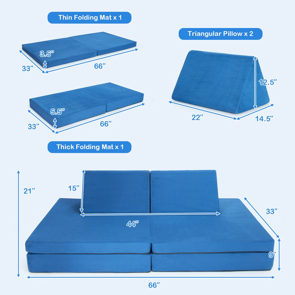 Convertible kids couch set in blue with two folding mats and triangular pillows, perfect for playrooms and bedrooms.