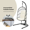 Hanging wicker egg chair with beige cushions, featuring a sturdy steel frame and foldable design for space-saving.