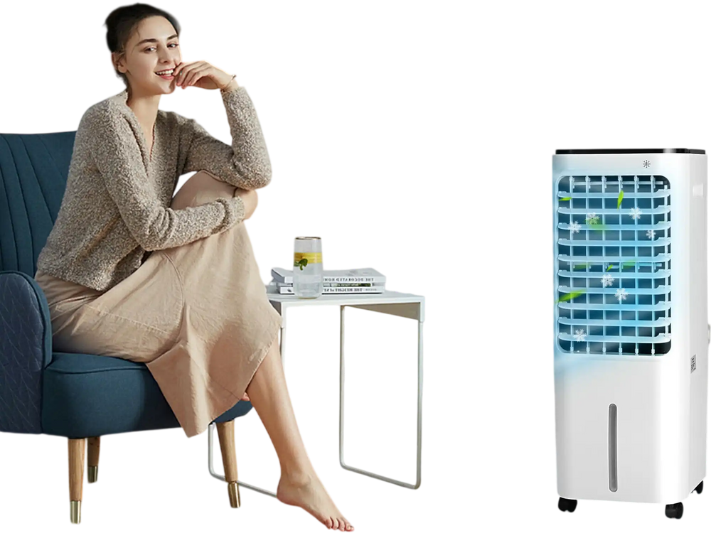 4-in-1 evaporative air cooler in white with 12L tank, remote control, and oscillating function for home comfort.
