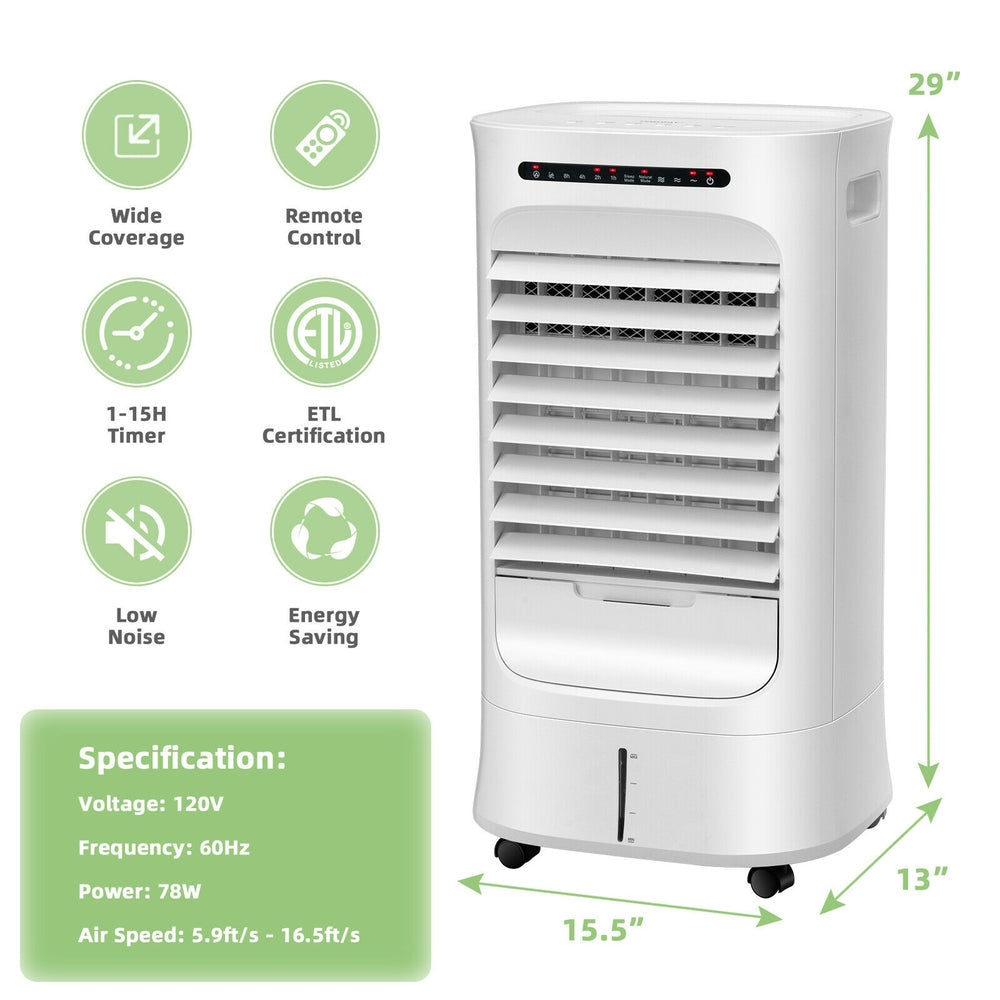 4-in-1 portable evaporative air cooler in white with remote, timer, and adjustable oscillation for effective cooling.
