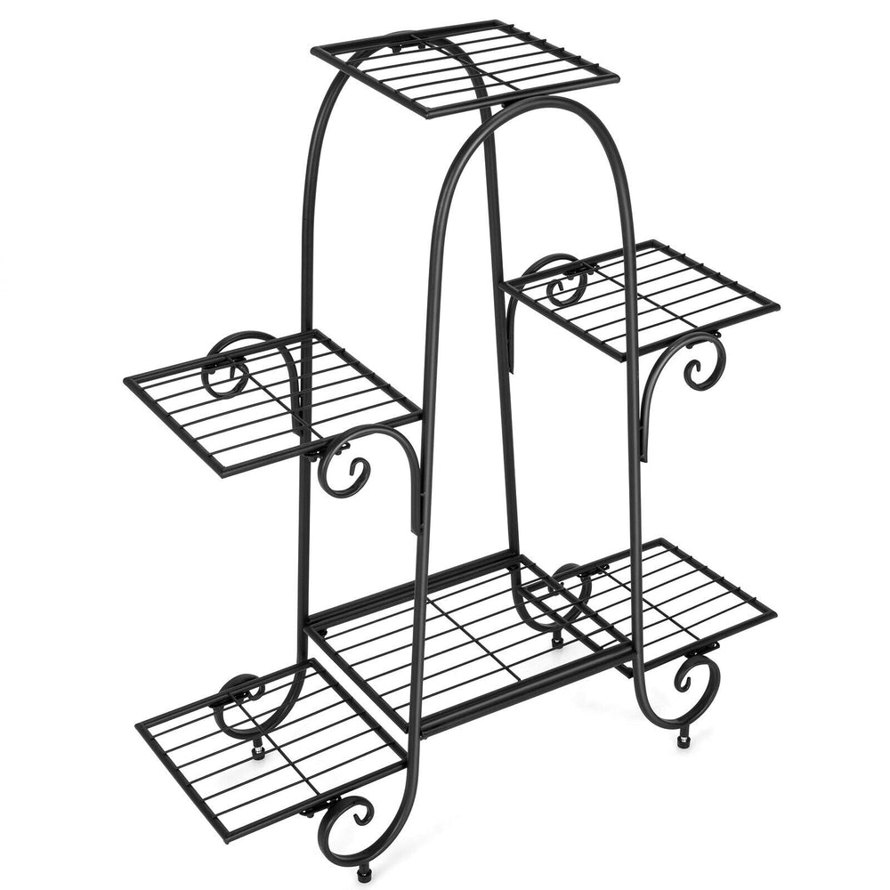 6-tier black plant stand with adjustable foot pads, featuring elegant curved patterns for indoor and outdoor plant.