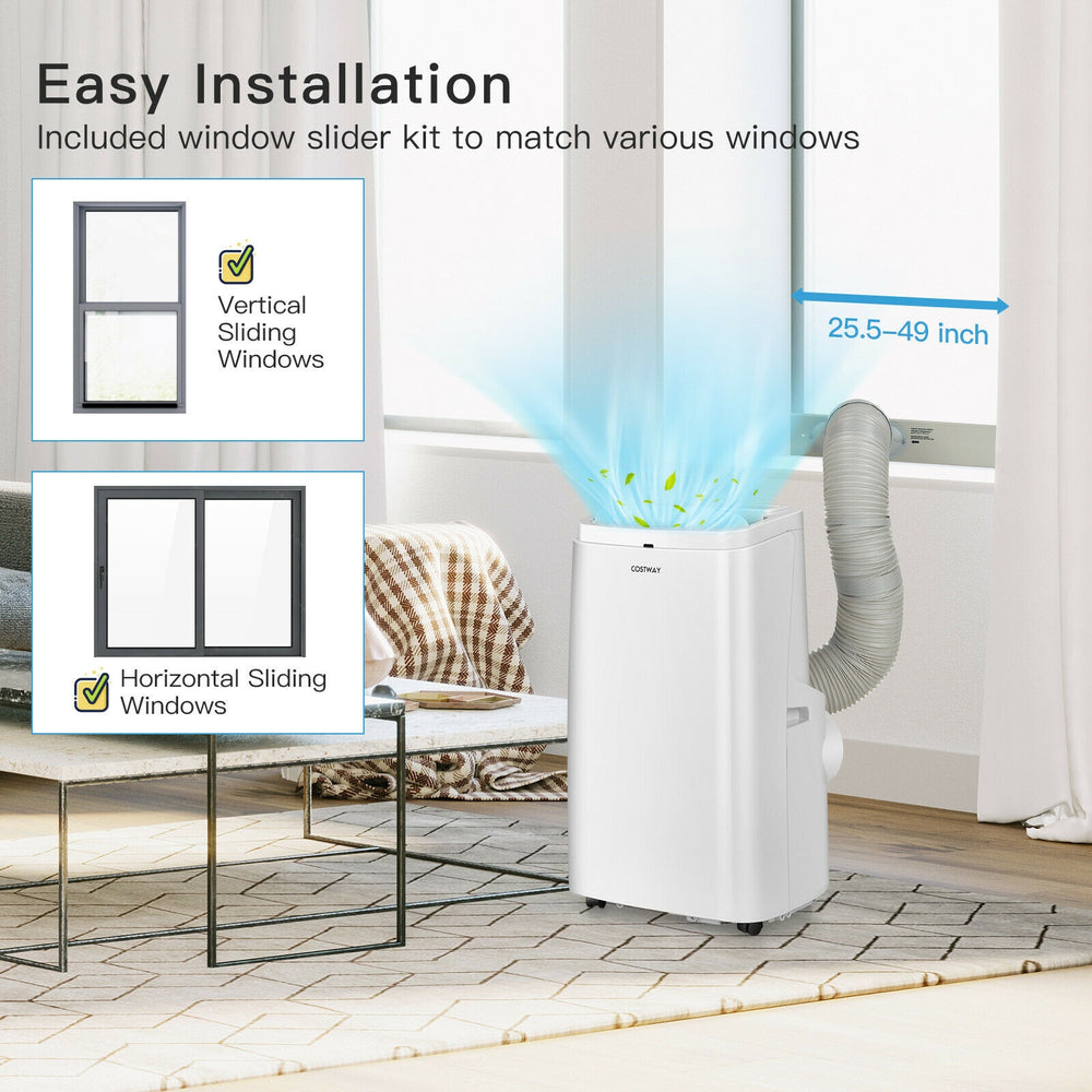 9000BTU portable air conditioner with remote, ideal for cooling, drying, and ventilating in any room.