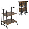 Folding rolling cart with metal frame, 2-tier design, rustic wood finish, ideal for storage and display in any room.