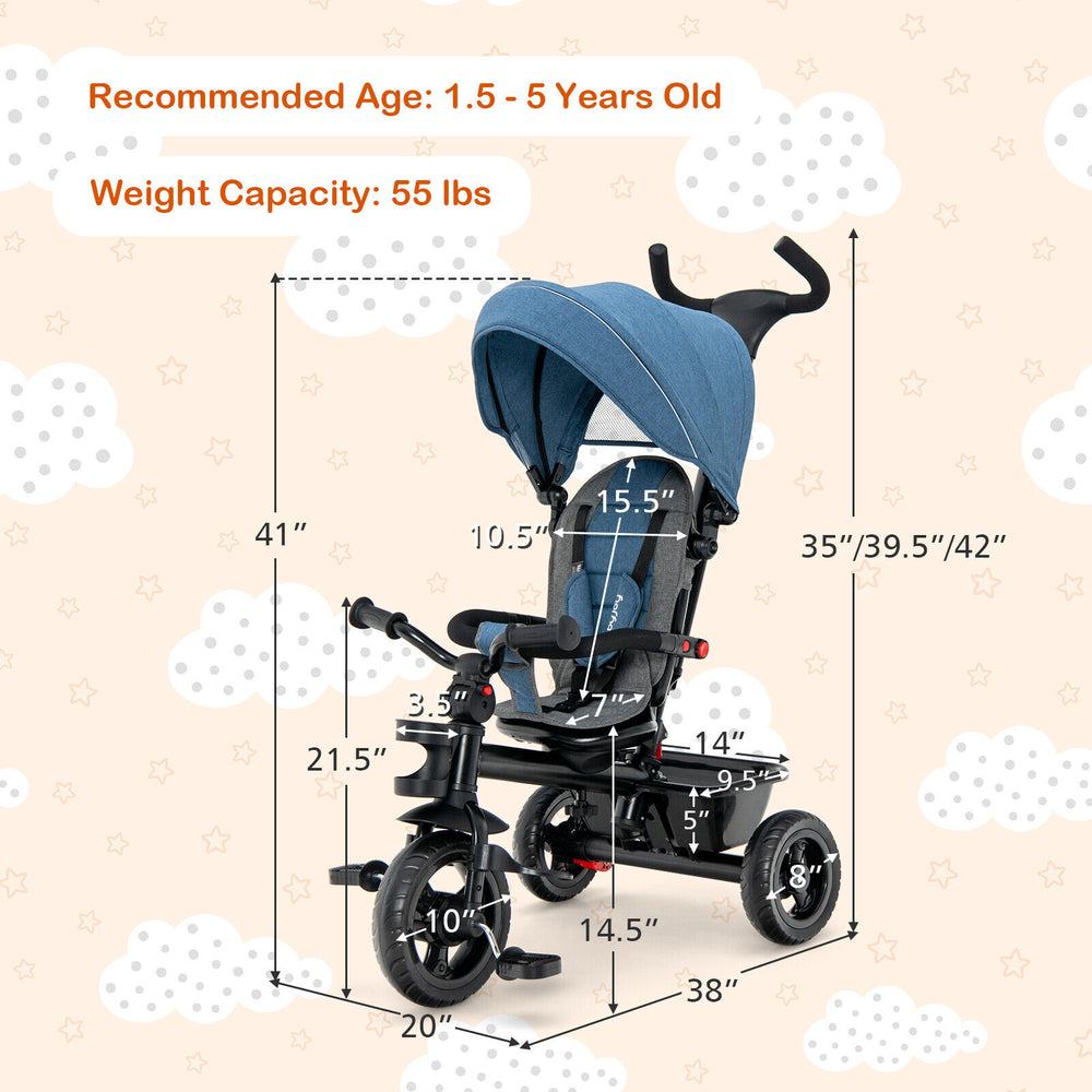 4-in-1 blue baby tricycle with adjustable canopy, reversible seat, and safety features for toddlers aged 1.5 to 5 years.