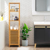 Bamboo floor storage cabinet with slatted design and spacious shelves, perfect for organizing toiletries in tight.