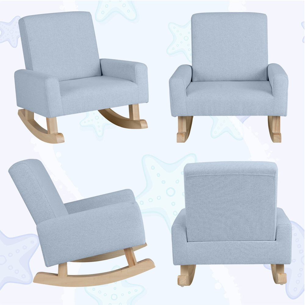 Kids rocking chair in blue with solid wood legs, featuring a cozy oversized seat and ergonomic backrest for comfort.