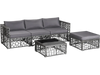 5-piece patio furniture set featuring gray PE rattan sofa, cushioned ottoman, and tempered glass coffee table for.