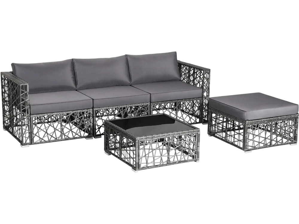 5-piece patio furniture set featuring gray PE rattan sofa, cushioned ottoman, and tempered glass coffee table for.