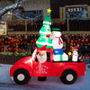 Santa Claus in a car with a Christmas tree, 8 feet wide, featuring bright LED lights for festive outdoor decor.