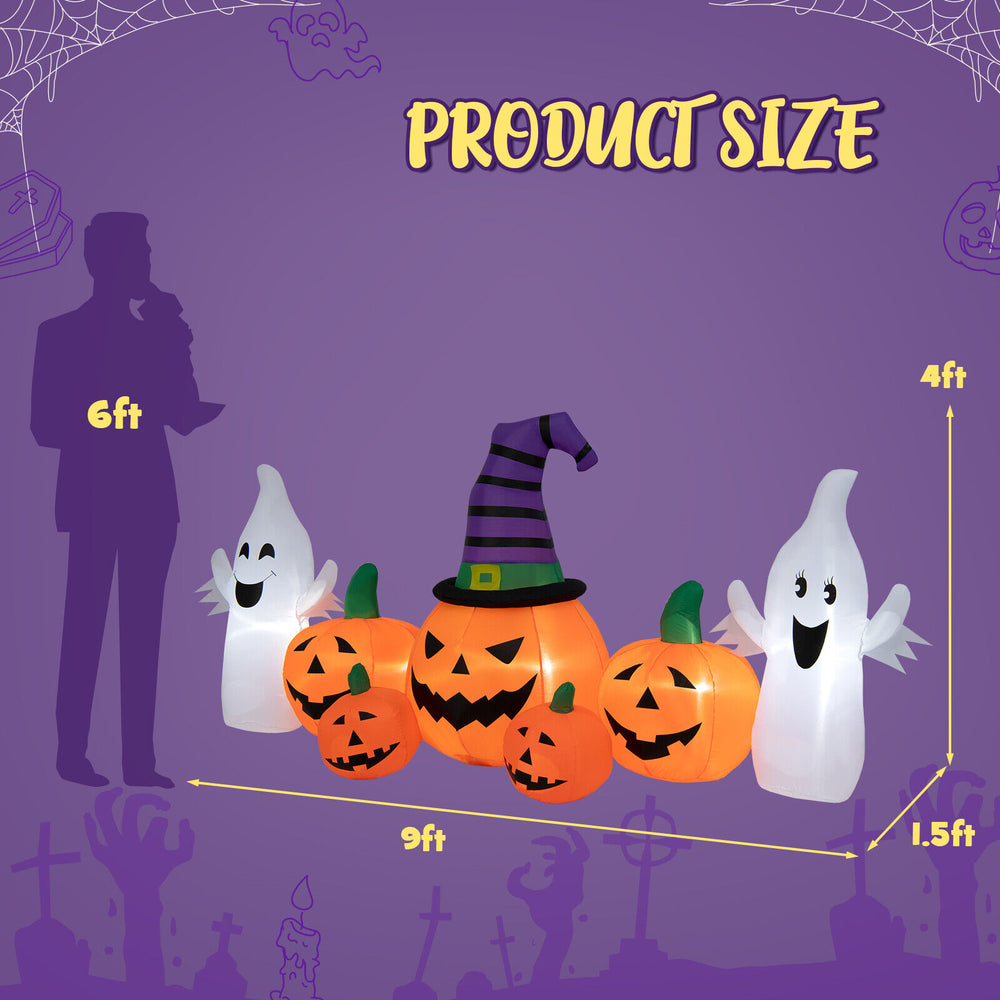 9-foot Halloween inflatable featuring pumpkins and 2 ghosts with LED lights, perfect for outdoor decorations.