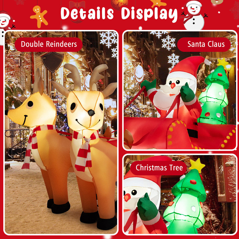 Inflatable Santa on sled with two reindeer, 7.2 feet long, featuring bright LED lights for festive outdoor decoration.