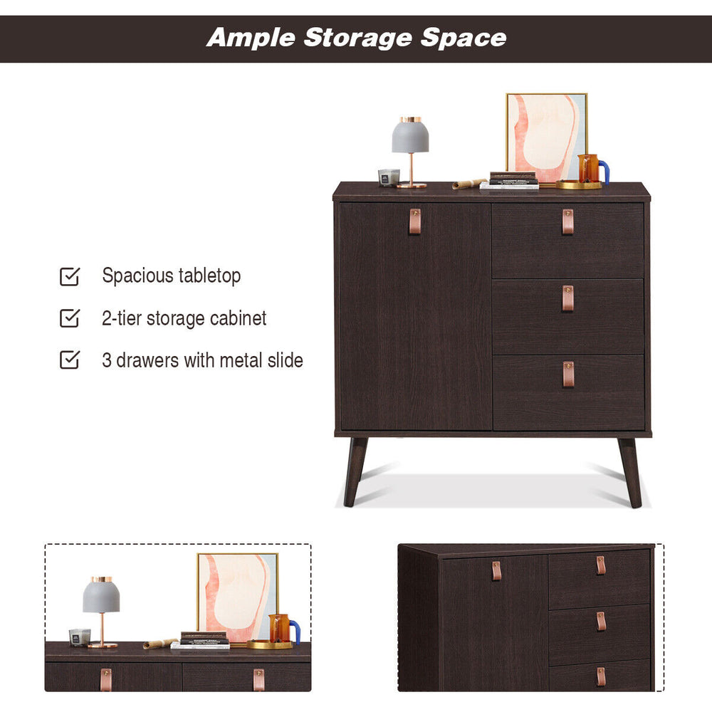 Brown 3-drawer sideboard storage cabinet with a spacious tabletop and unique leather handles, suitable for any room.