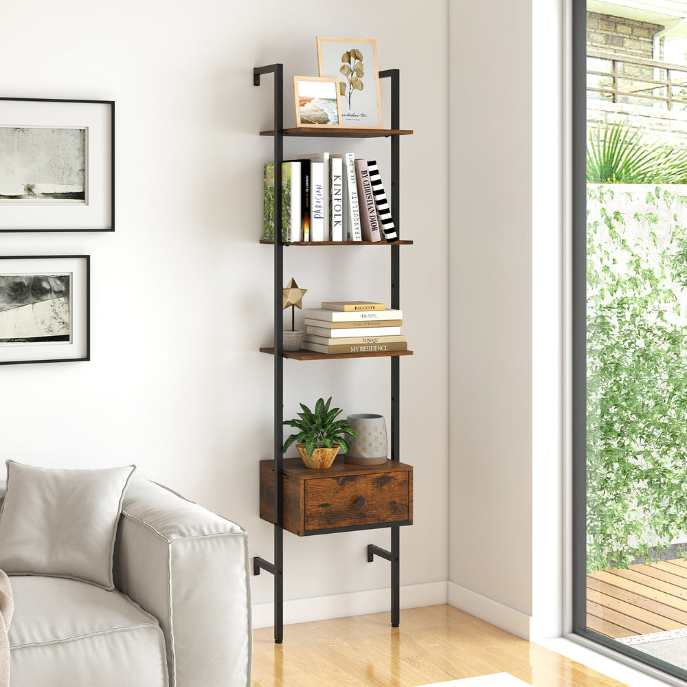 Ladder bookcase with rustic brown shelves and metal frame, showcasing books and plants, perfect for stylish home decor.
