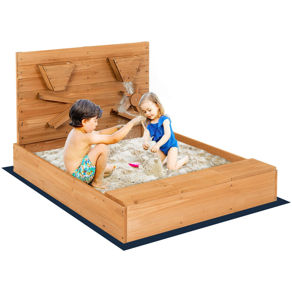 Kids wooden square sandbox with cover, showcasing a polished surface and unique sand walls for safe, creative play.