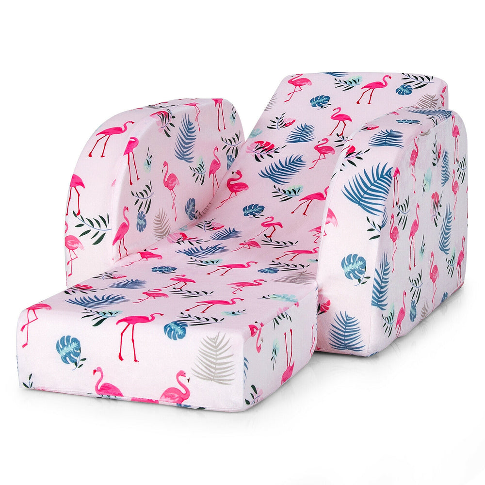 Convertible 3-in-1 kid sofa bed in pink with flamingo pattern, made of soft velvet for comfort, perfect for playrooms.