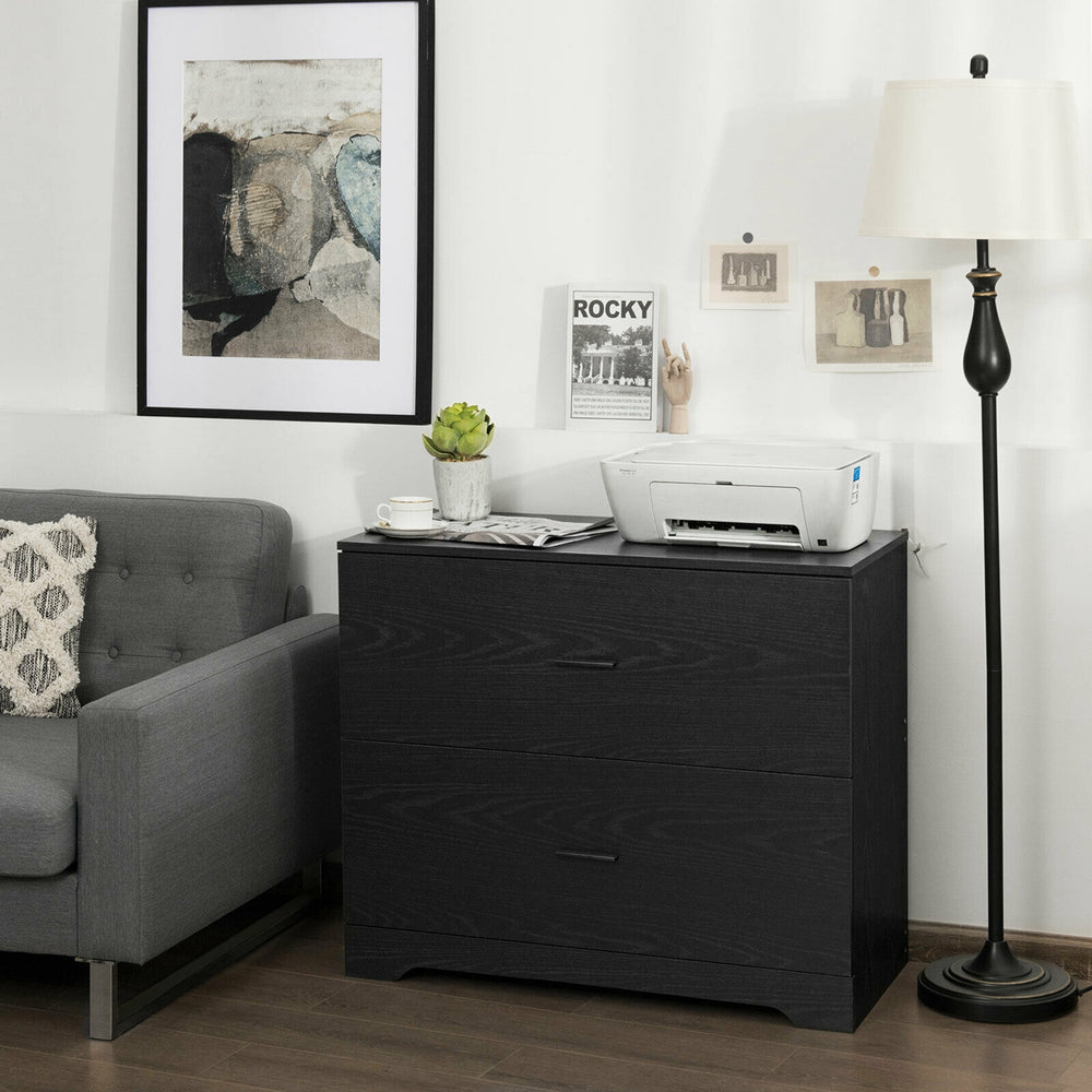 2-drawer lateral file cabinet in black with adjustable bars, ideal for home office storage and printer placement.